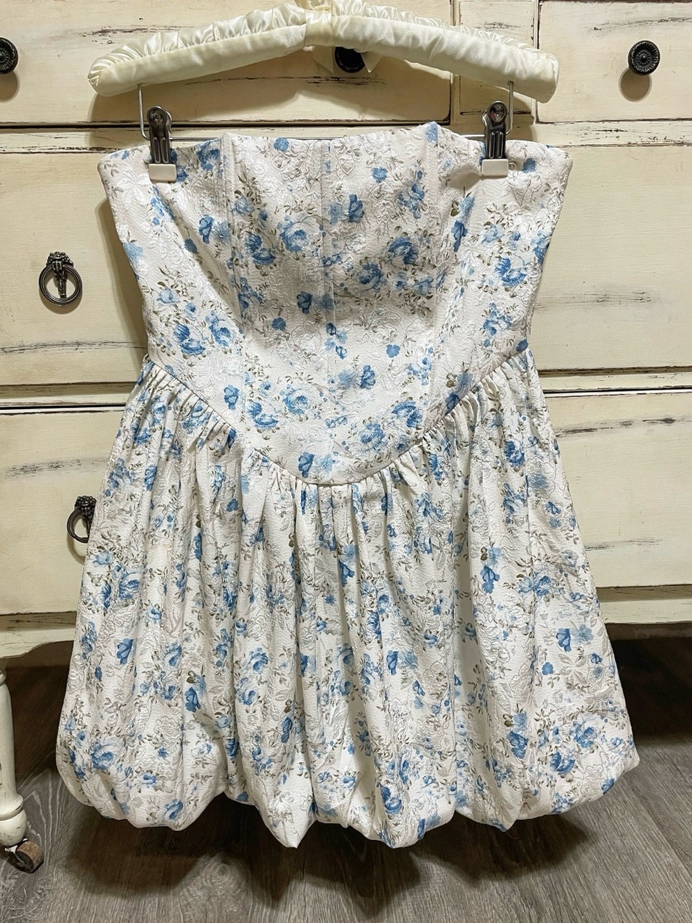 Strapless White Dress with Blue Floral Print